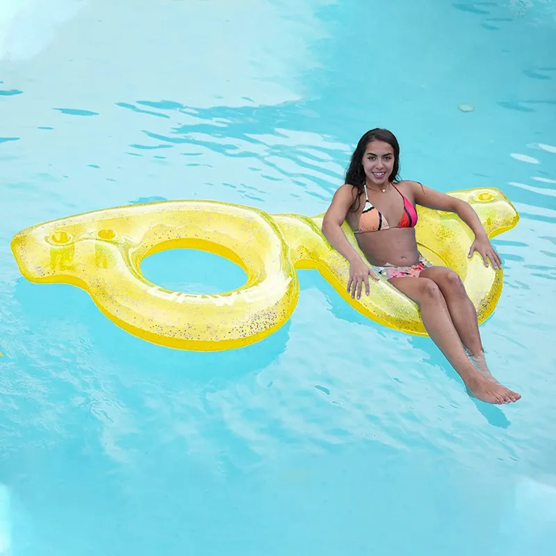 Glasses Shaped Swim Ring with 4 Cup Holders, Inflatable Pool Float Tube for 1or 2 Person, Fashion Pool Floats Toy for Adults