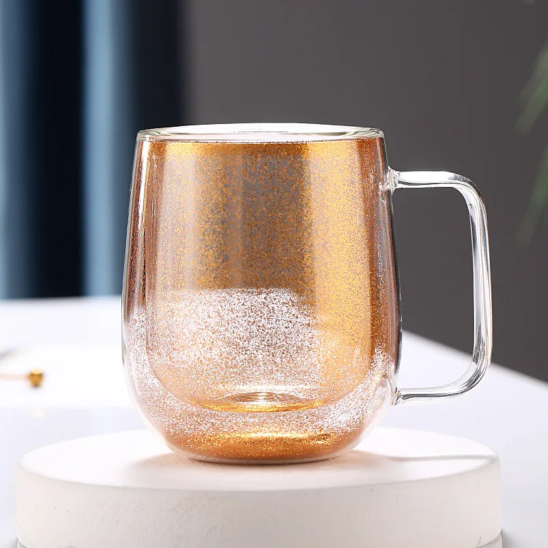 Wholesale Colorful Liquid Sand Double-Layer Glass Cup with Drilled Crystal Art, Sand-Filled Coffee Cup