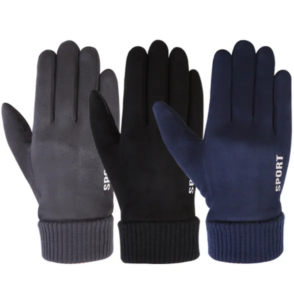 New style windproof black thick winter driving riding warm touchscreen suede anti-slip working gloves for fishing