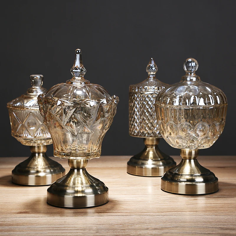 Glass Apothecary Jar With Lids  Wedding Candy Buffet Containers Golden metal stand glass candy jar