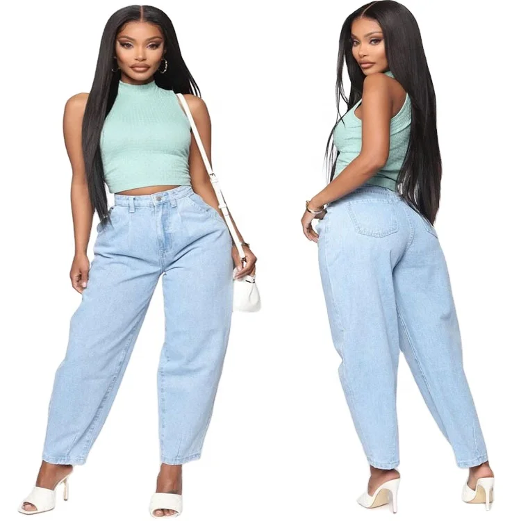 High Quality Plus Size High Rise Waist Blue Destroyed Boyfriend Washed Denim Pants Wide Loose Trendy Women Jeans Top