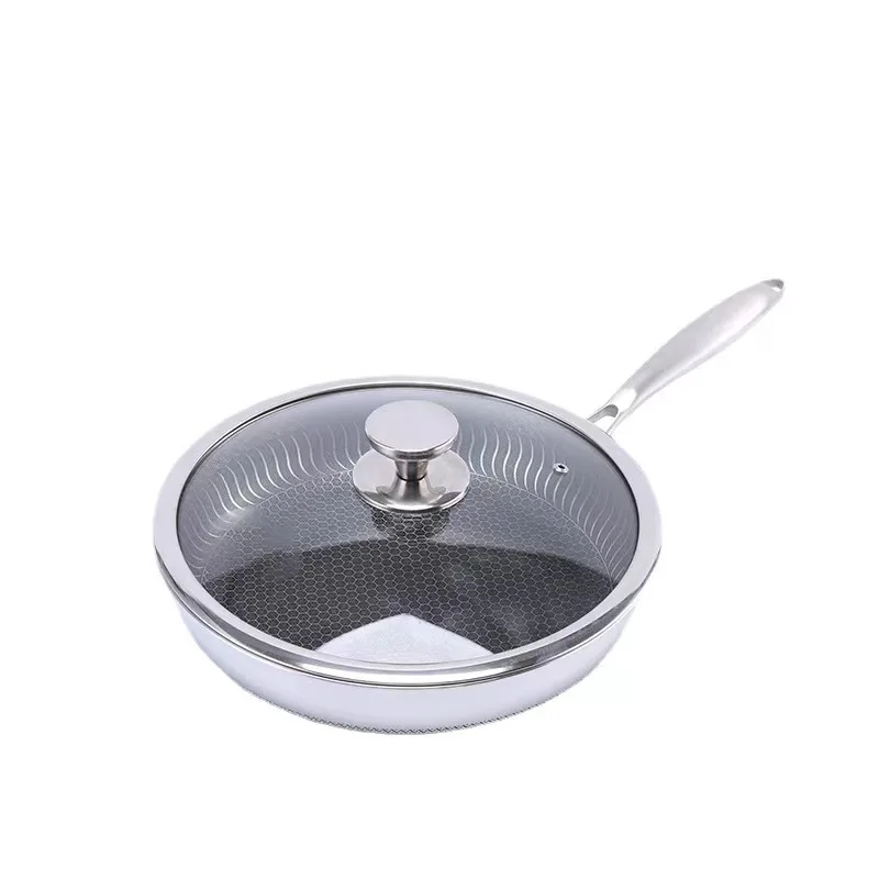 316 Stainless Steel Wok Double Sided Honeycomb Frying Pan with Glass Lid Kitchen Cooking Pan