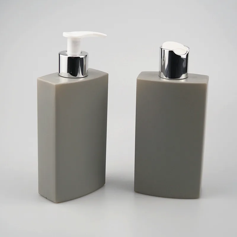 HDPE grey square bottle 8oz with shiny silver pump and disc top cap