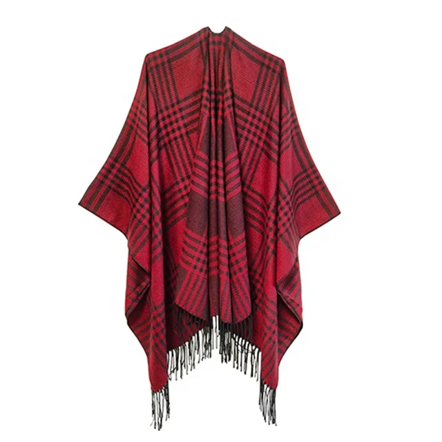 Fall Winter Japanese Classic Plaid Cashmere Split Cloak Ladies Warm Travel Air-Conditioned Room Shawl