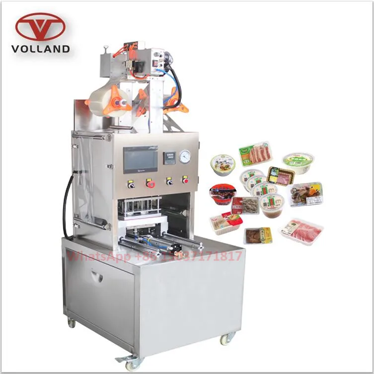vacuum food plastic tray sealer/plastic meat container box packing machine/tray sealing machine with date printer