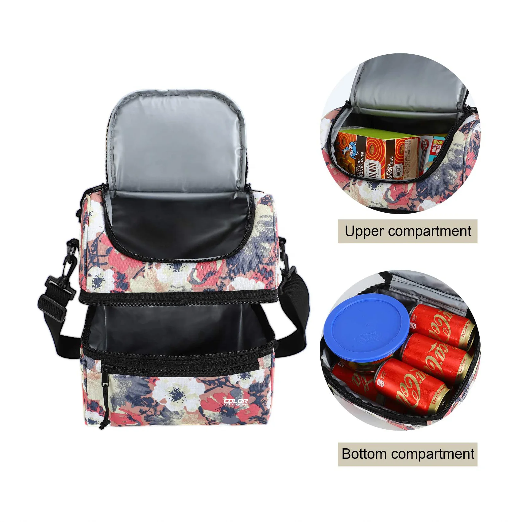 Double Deck Prints Lunch Cooler Bag Large Insulated Cooler Bag Convenient Cooler Shoulder Bag for Kids School Adults
