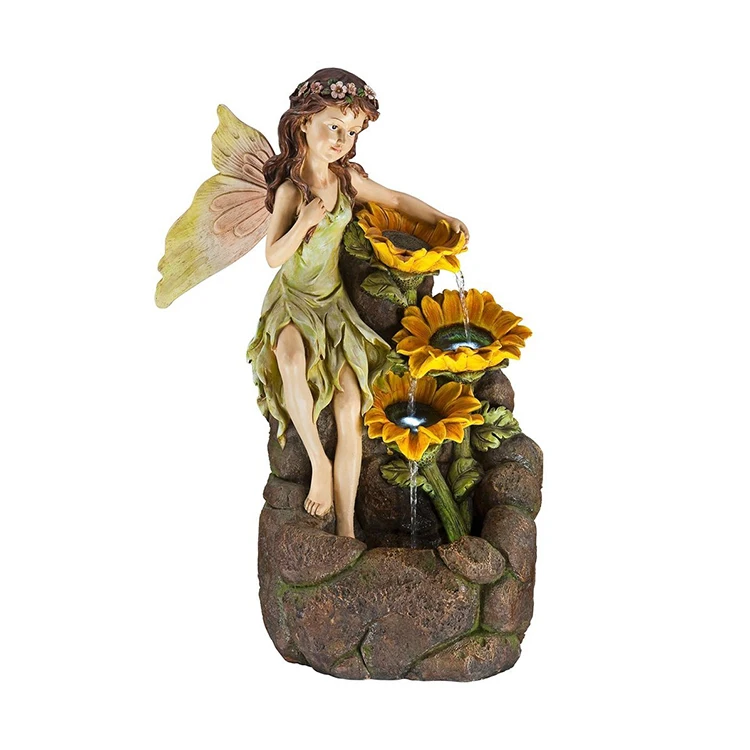 Large Size Outdoor Resin Fairy With Sunflowers Handmade Sculpture Water Fountain Garden With Lady Statue Led Lights