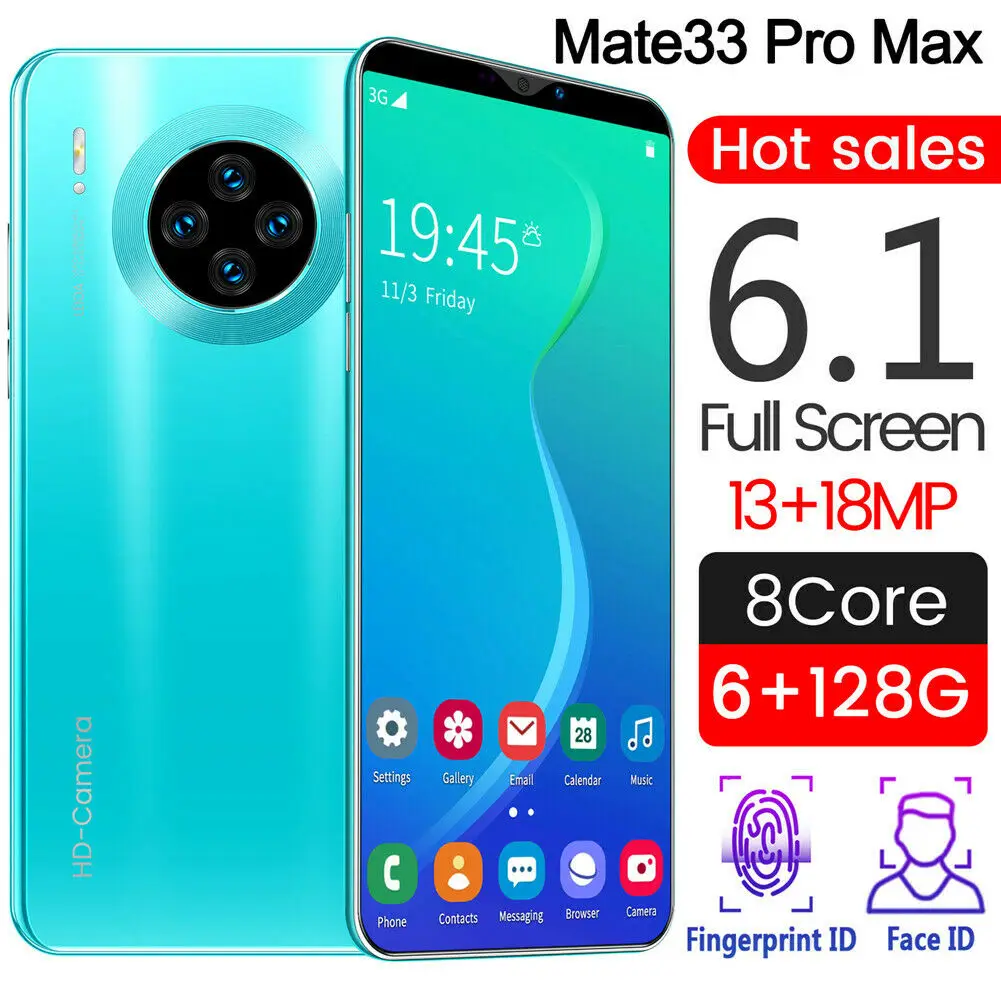  Смартфон Mate33 Pro MAX 6 1 дюйма Гб + 8 2 Мп 5 МП Android разблокированный мобильный телефон с двумя SIM-картами и четырехъядерным
