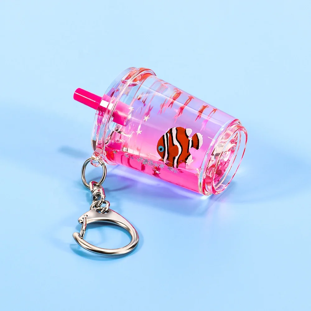 Custom Liquid Keychain Water Boba Aqua Key chain Floating Acrylic Animal Liquid Key Holder Bubble Milk Tea Cup Key Holder