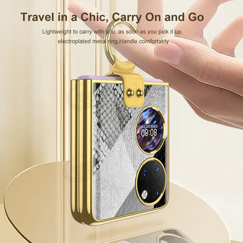 Luxury Leather Plating Hard PC 9H Camera Tempered Glass Protective Cell Phone Case For Huawei P50 Pocket ZFlip 3