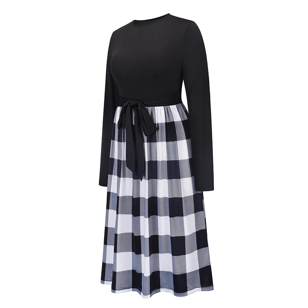 2021 Autumn O-neck Long Sleeve Scotch Dress Women Red Plaid Dress Womens Formal Dresses Elegant