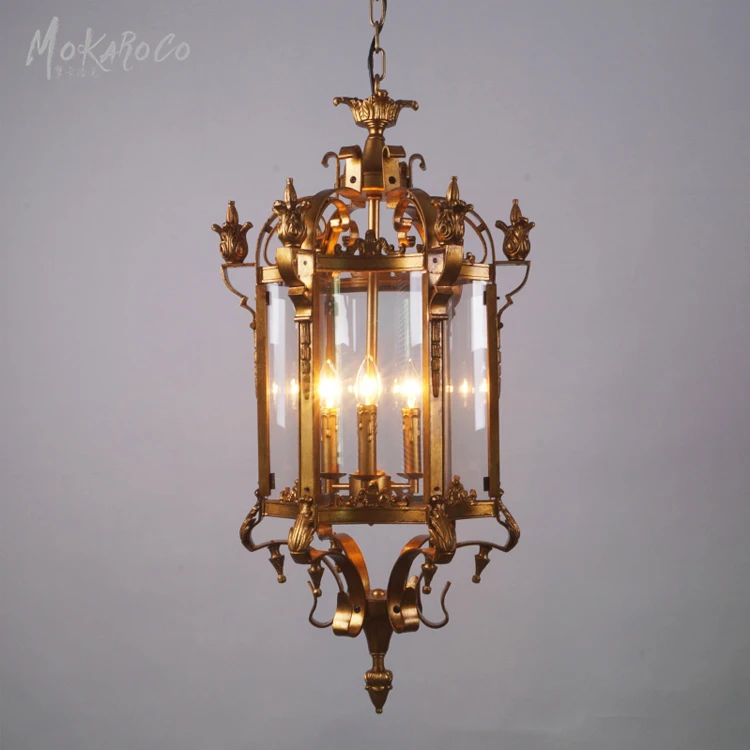 
Cage chandelier gold foil of the ancients light American retro hexagonal glass chandelier Roman gothic courtyard ceiling lamp 