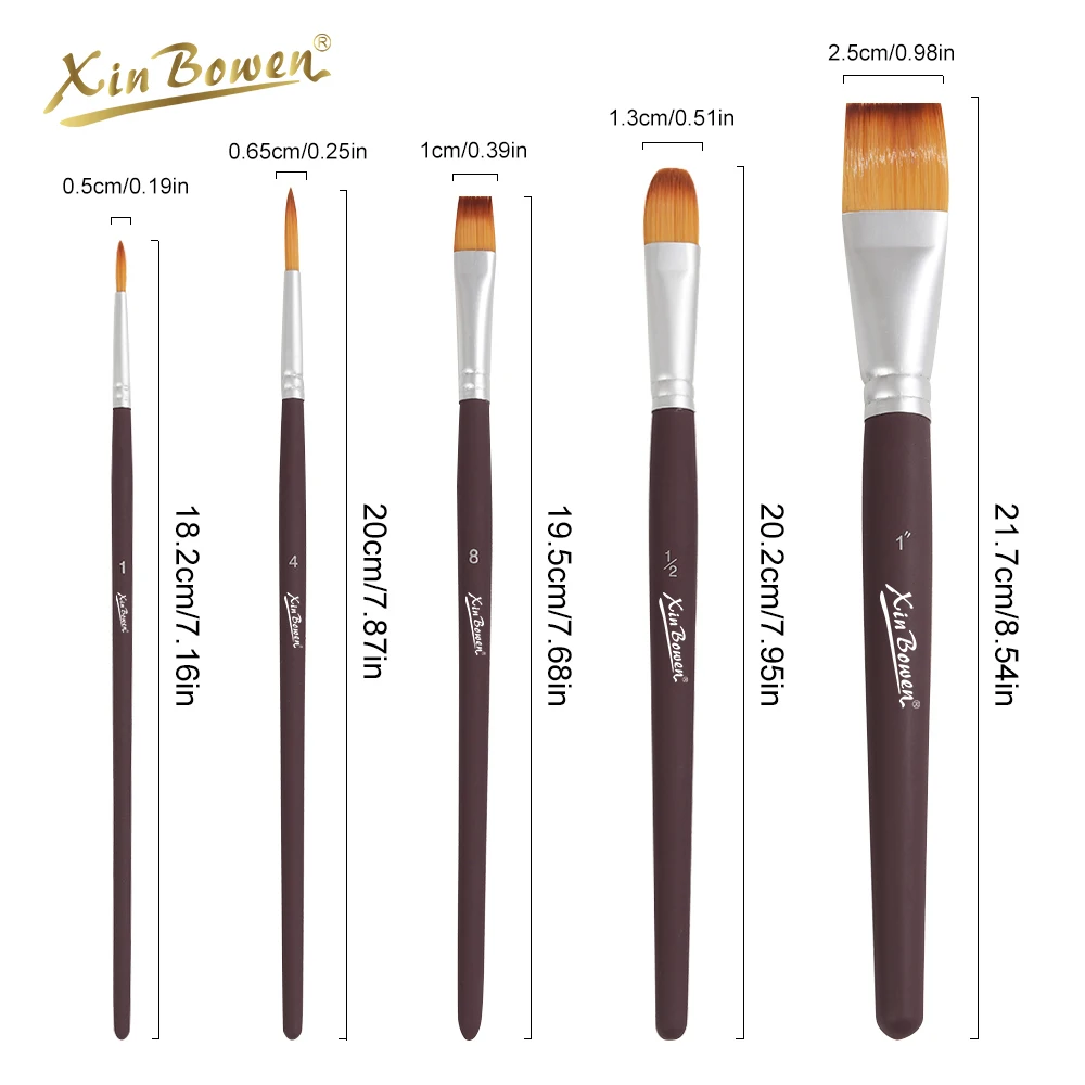 Xin Bowen Master Paintbrush 5 Pieces Matte Brown Pure Wood Handle Artist Painting Brush For Watercolor Acrylic And Oil Drawing