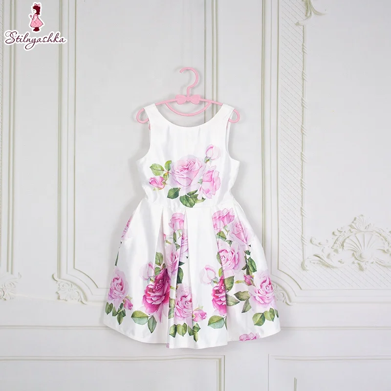 Unique Design White Rose Print Smart Casual Party Princess 2-12 Years Old Baby Kids Girl Dress