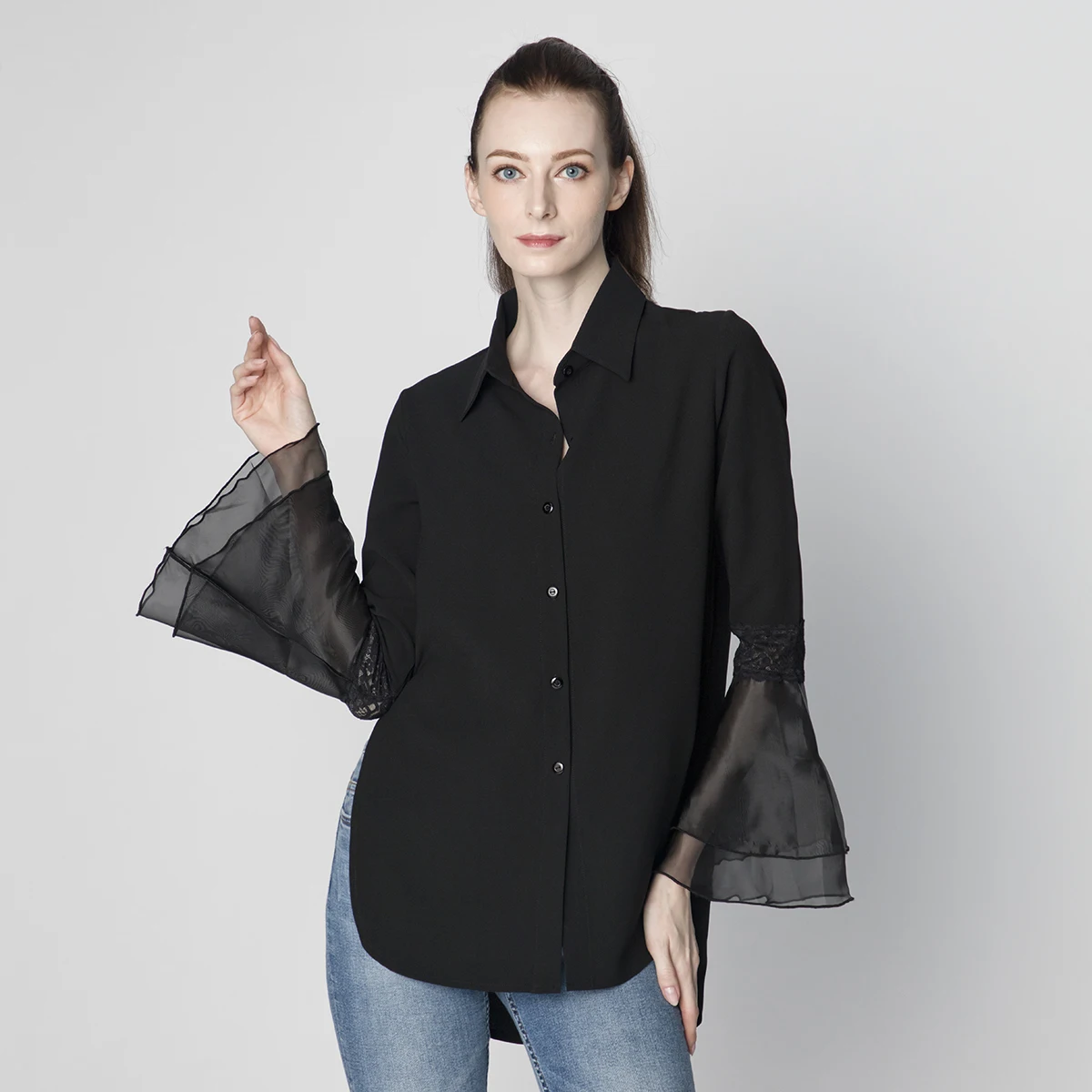 LADIES CASUAL CHIFFON LACE FLARED SLEEVE SHIRT