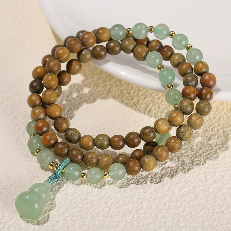 JD GEMS Wood Prayer Bead Mala Meditation Bangles Jewelry 6mm Green Sandalwood Natural Green Aventurine Gourd Multilayer Bracelet
