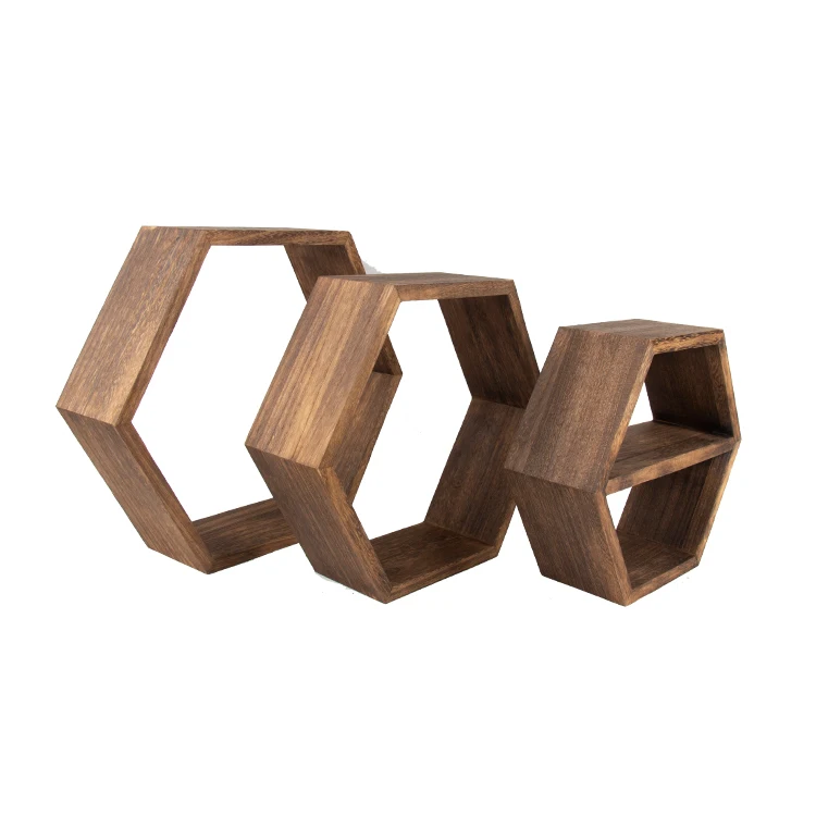 Three piece set hexagon bedroom Bathroom decoration shelf wood wall floating shelves