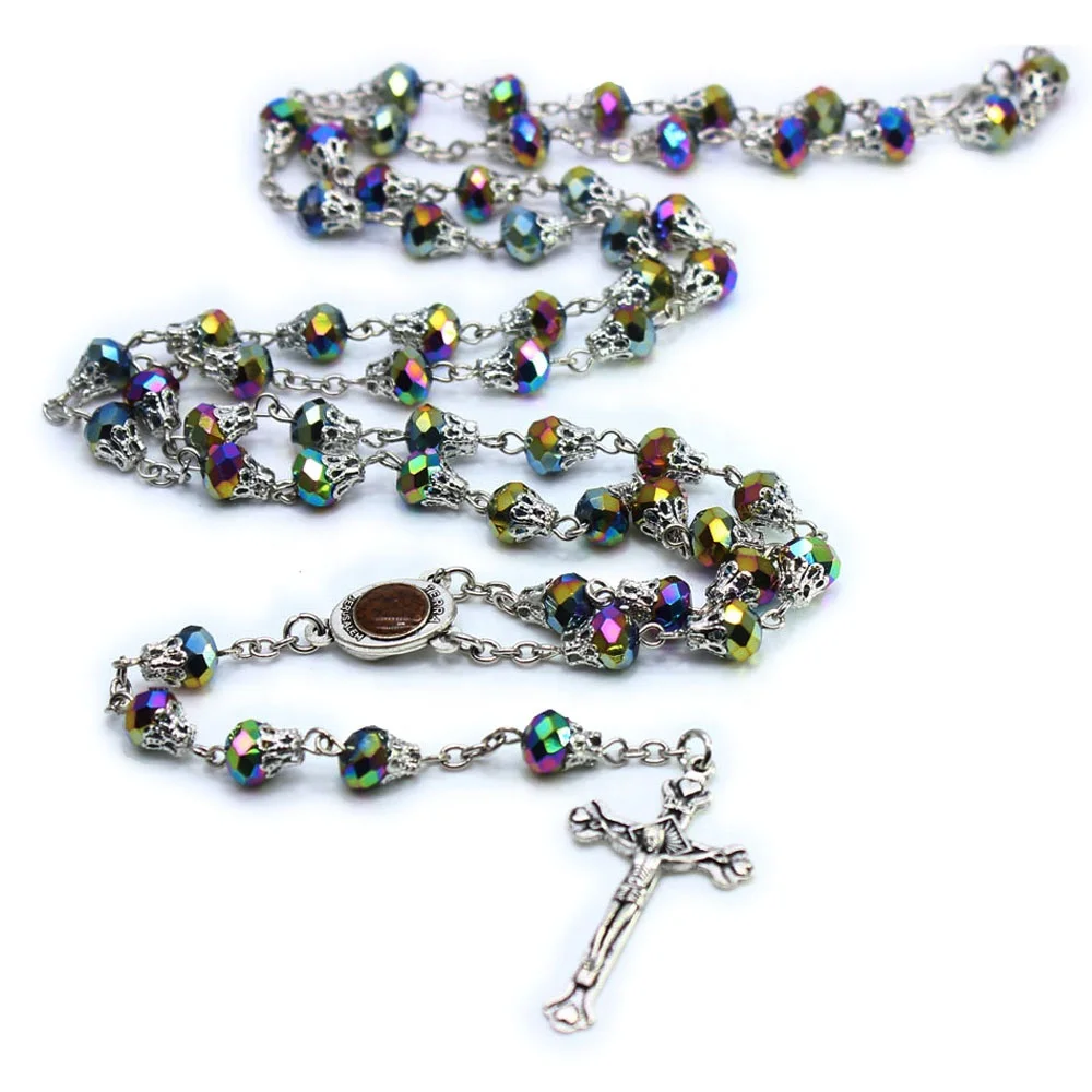 Baptism Beads Crystal Rosary Holy Cross Necklace Colors Prayer Beads Catholic Church Reilgious Promotion Gift
