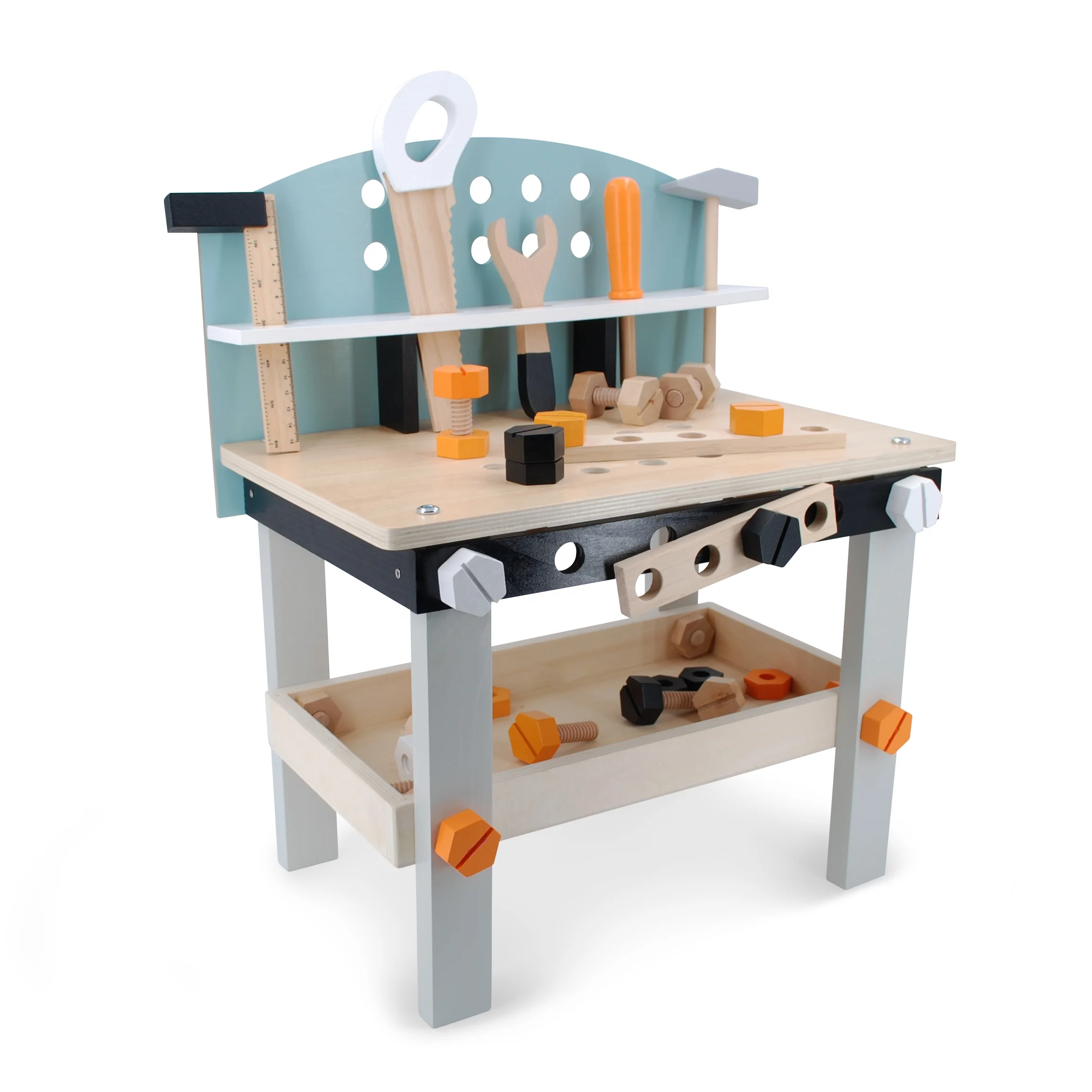 Montessori Toys Educational Multifunctional Blue-gray Wooden Work Bench Toy for