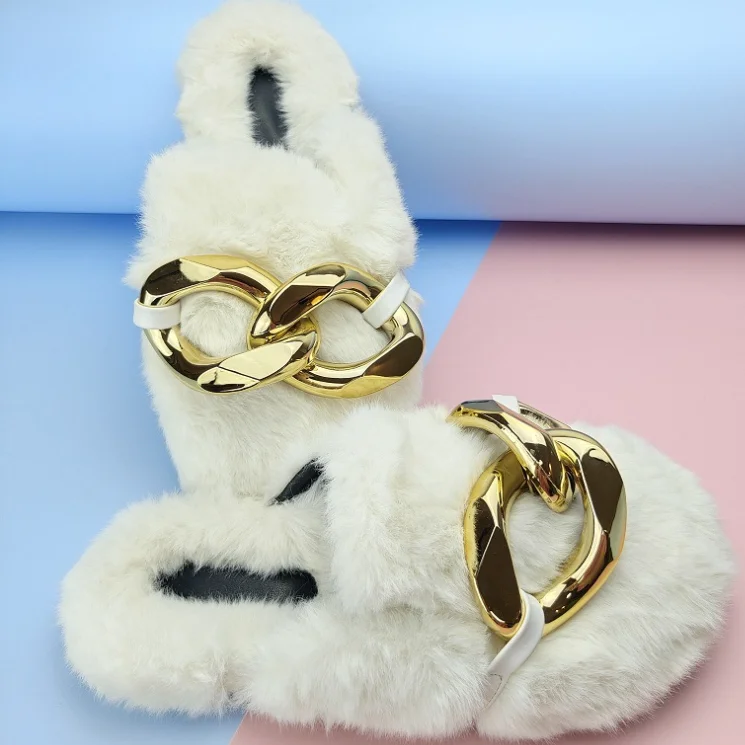 Wholesale Women Slipper 2022 Winter Indoor Slippers Furry Fuzzy Warm Gold Chain Decor Luxury Fur Slides Fox Fur Slides For Women