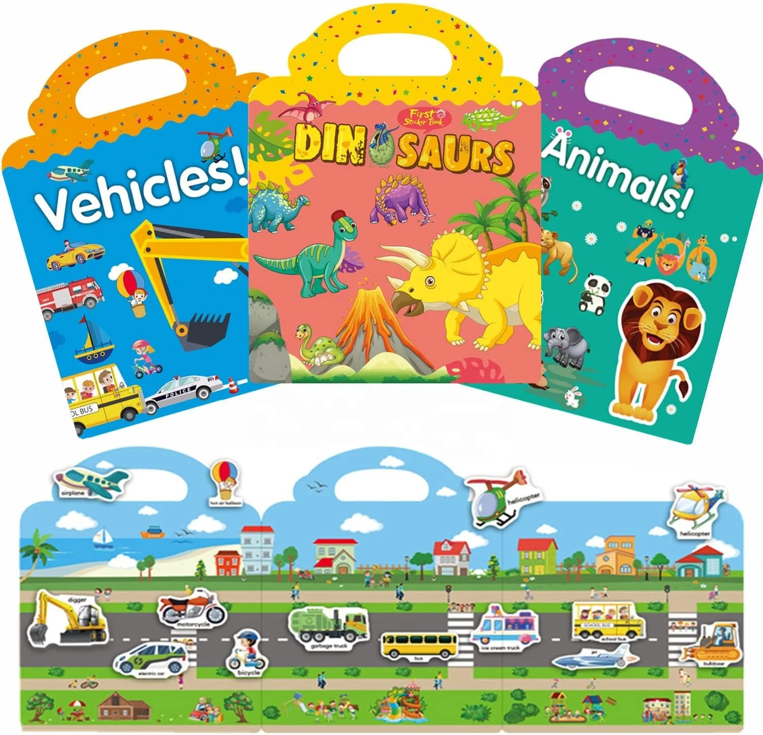 Reusable Sticker Book for Toddlers 1-3 Years Old, Dinosaur, Animal and Vehicle Static Stickers, for 2 Years 3 Years Old 4