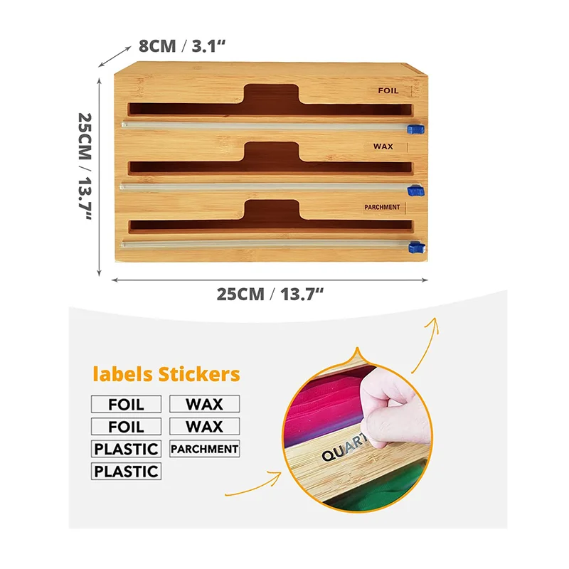 Multifunction Paper Tin Foil Cutter Dispenser 3 In 1roll Plastic Cling Bamboo Wall Mounted Wrap Dispenser Organizer