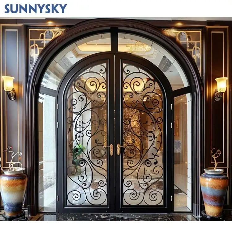 Роскошный дизайн Sunnysky круглые арочные внутренние внешние двери двойные стеклянные кованые железные цены для дома на вилле