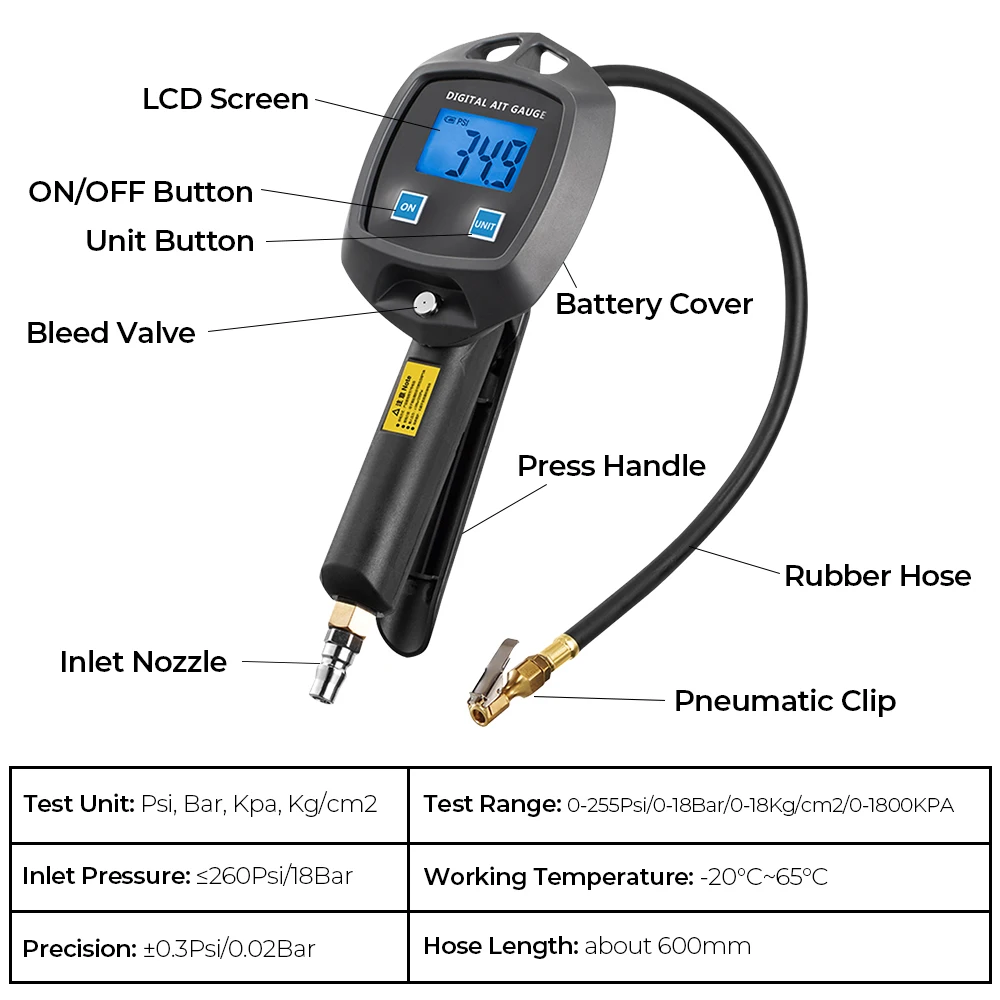 Digital LCD Display Tire Pressure Gauge High-precision Monitoring Inflatable Gun Car Tire Manometer With Hose