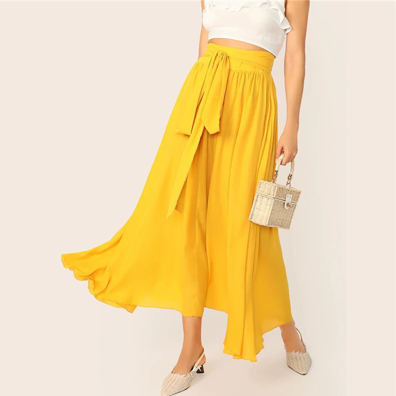 Women Elegant Bow Tie Flared Maxi Skirt Women High Waist Summer Solid Long A-line Skirt Summer Beach Long Skirt HSS6881