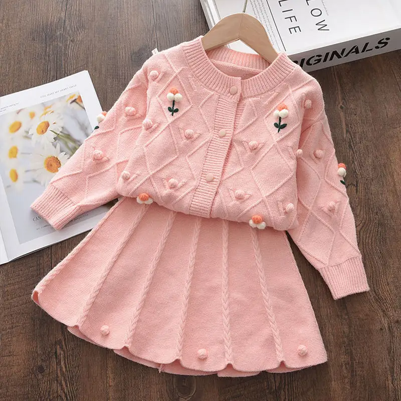 Autumn Winter Knitted Dress Set for Girls 2pcs Kids Outfits Including Sweater Dress 6 9 14 Years Western Style Fabric Material