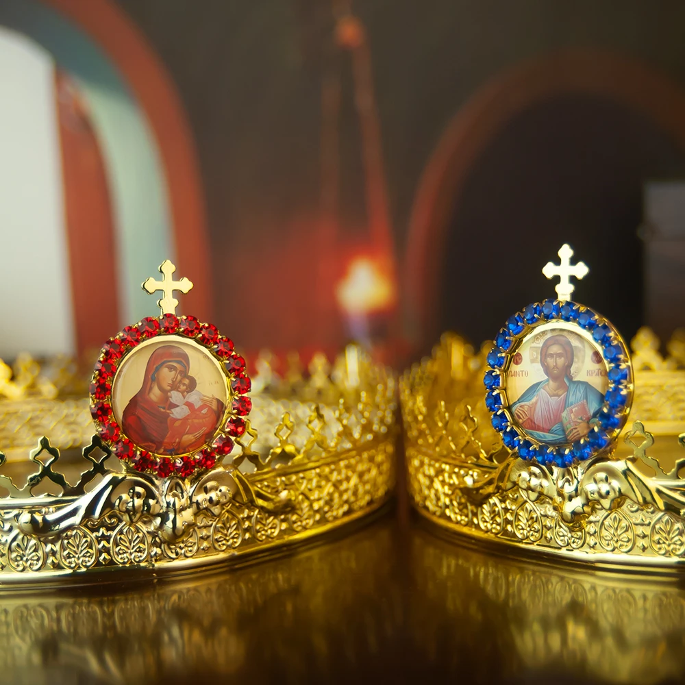 HT Church Product Orthodox Catholic Gold Plated Crown for Men Women Vintage Wedding Crown with Cross Decor With Jesus Mary Icon