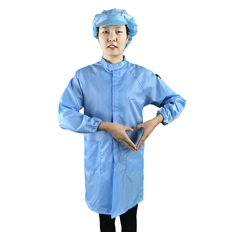 
Washable Reusable Breathable Polyester Blue 5mm Stripe Industrial Cleanroom Lab Anti Static Garment Esd Safe Smock Coats Gown 