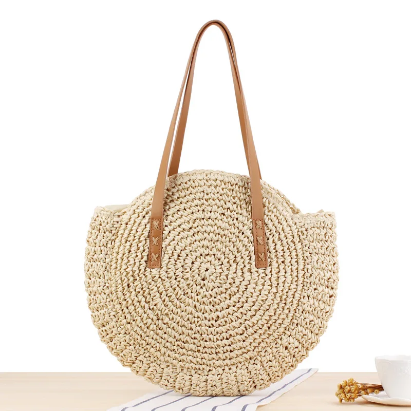 Amazon Hot Custom LOGO Summer Beach Straw Woven Tote Rattan Bag Handmade Weaving Shoulder Bag Handbag Travel for Women Ladies