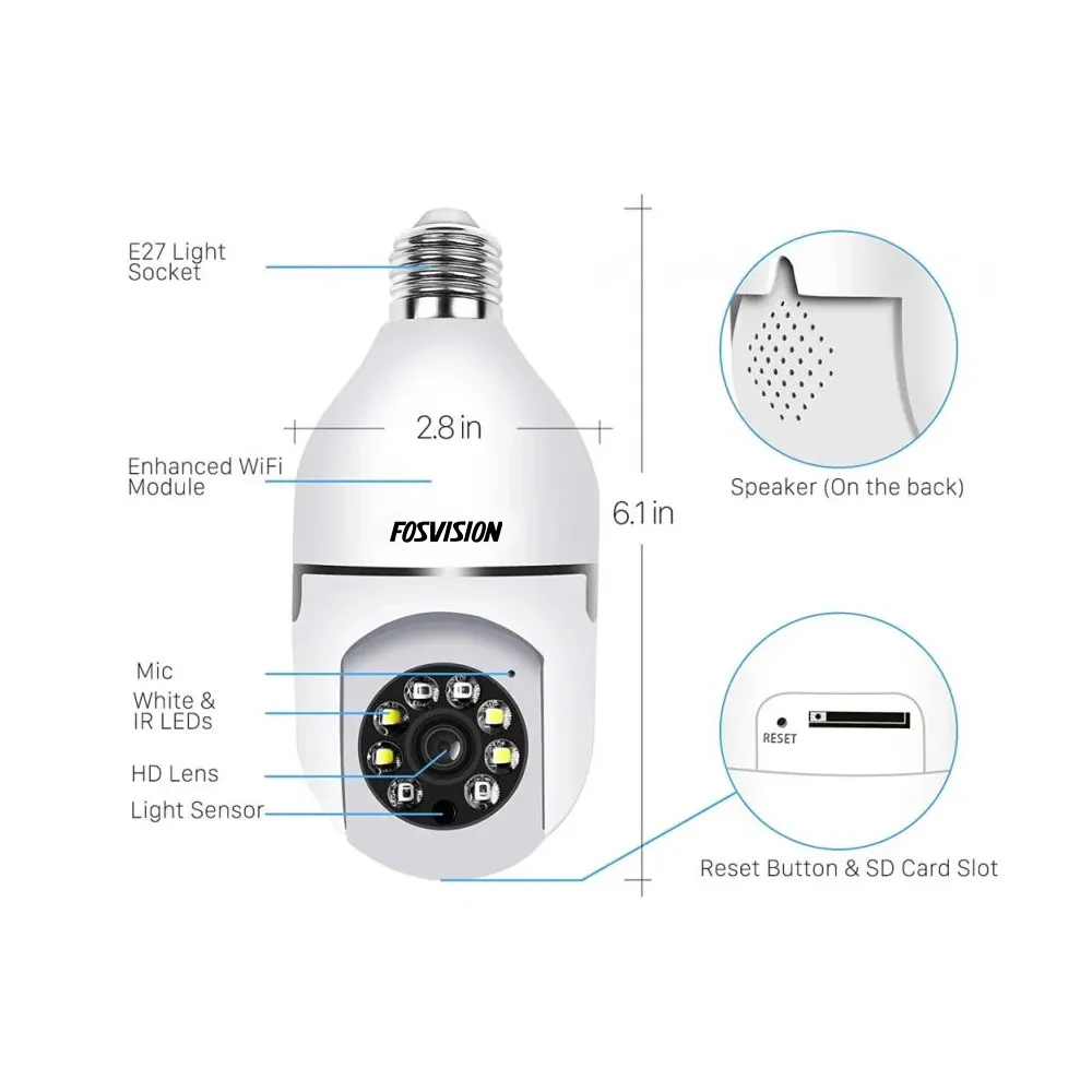 FOSVISION 2MP Wireless Surveillance Panoramic Light Camera Bulb Pt Smart Cctv Bulb Wifi Camera with Mini E27 Bulb Socket