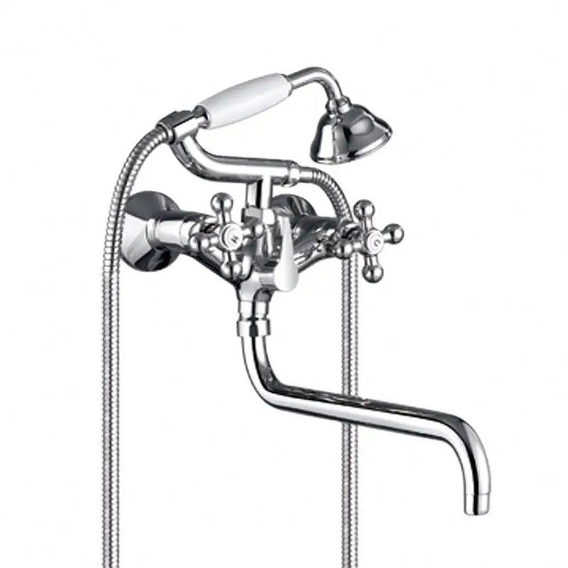 Chinese Manufacturer Provide Russian Model Wall Mounted Double Handle Bath Shower Mixer With 35CM Brass Hose