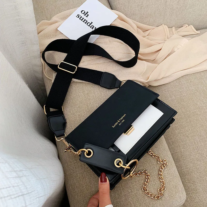 Trendy New Fashion Small Handbags Chain Shoulder Wide Strap PU Leather Crossbody Messenger Bags for Women