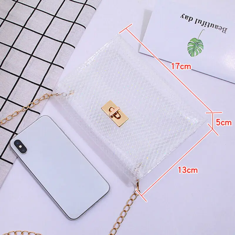 New Women PVC Clear Chain Cross Body Bag Tote Transparent Shoulder Handbag Purse