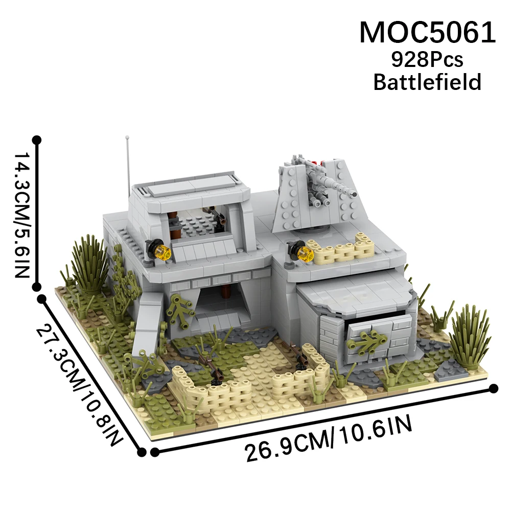 928PCS MOC5061 Military Battlefield Bastion Earthbags Bricks Conceal Cannons Attack Scene World War II Building Blocks Kids Toys