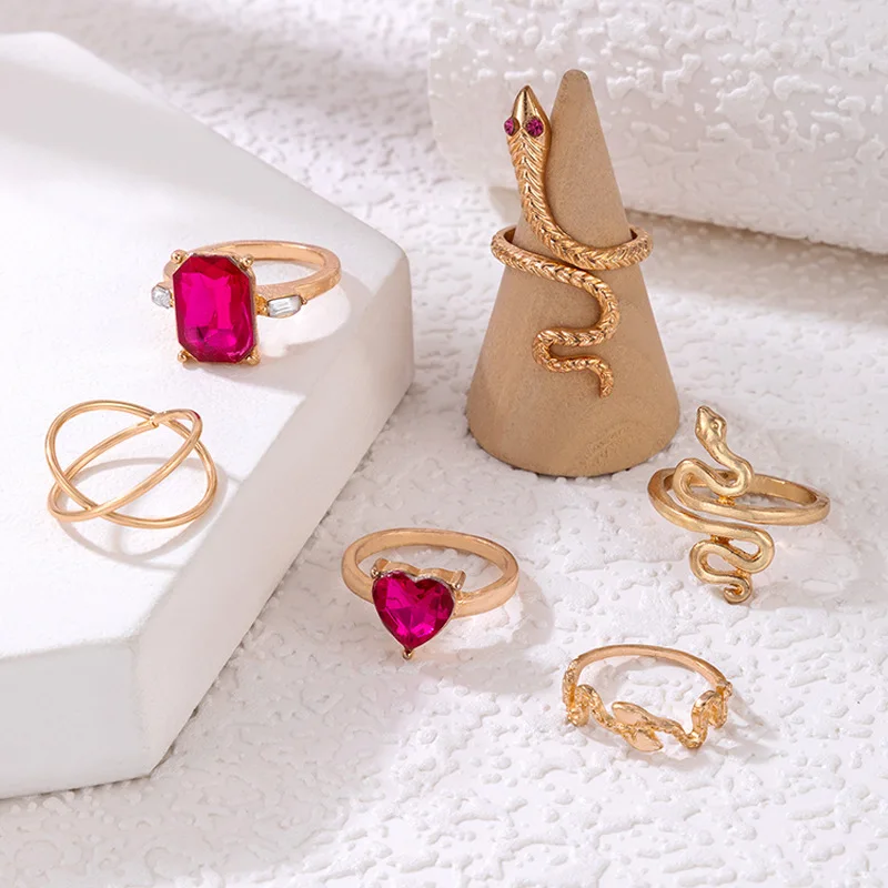 Heart and square ruby diamond inlaid serpentine cross ring 6-piece set unisex fashion six pieces ring set