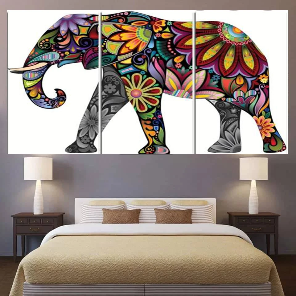3 Piece Hd Picture  Camouflage Elephant Flower  Posters Art Decoration Wall Canvas Print Painting