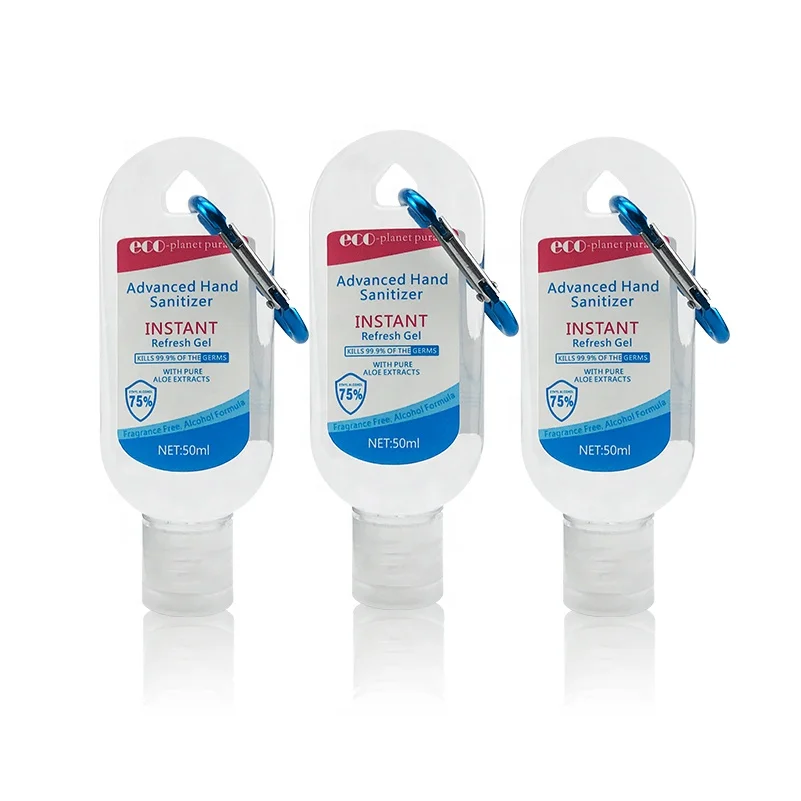 
50ml Waterless 75 Alcohol Liquid Disinfectant Portable Hand Sanitizer Gel in Flip-Top Bottle with Carabiner 