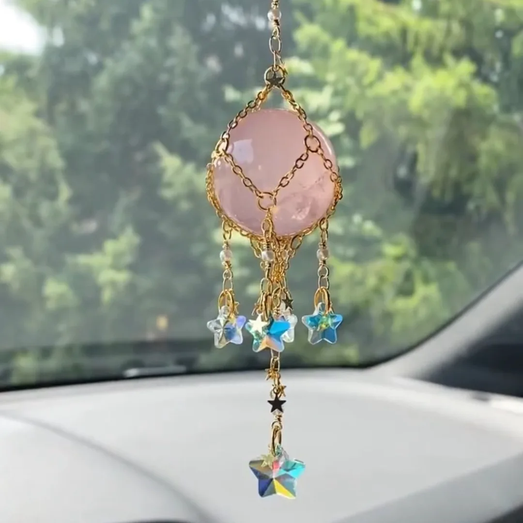 Feng Shui Healing Suncatchers Prisms Metal Mesh Crystal Ball Natural Agate Stone Hanging Ornament For Home Car Window Decor
