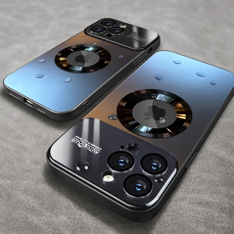 Luxury Logo Hole Lens Full Protection Mobile Phone Case For iPhone 11 12 13 14 15 Pro Max AG Glass magnetic Phone Cover Funda