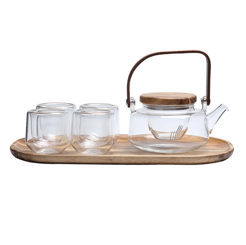 
Elegant Double Wall Tea Pot Glass Set With Bamboo Lid 