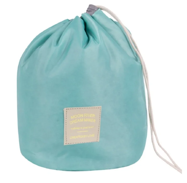 
OEM Barrel Shaped Travel Cosmetic Nylon Bag High Capacity Drawstring Elegant Drum Wash Bags 
