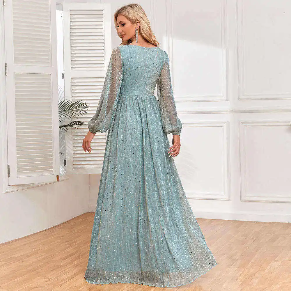 EP Spring Trendy 2024 Custom Oem Casual Bridesmaid Dresses Wedding Long Sleeve V -neck Shiny Stretch Evening Dress For Women
