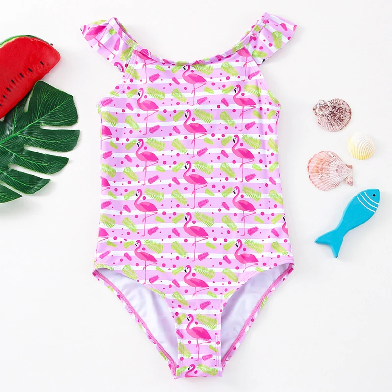 Pink Flamingo Girl One-Piece Swimsuit for Girls and Children Small Ruffled Beachwear Supply
