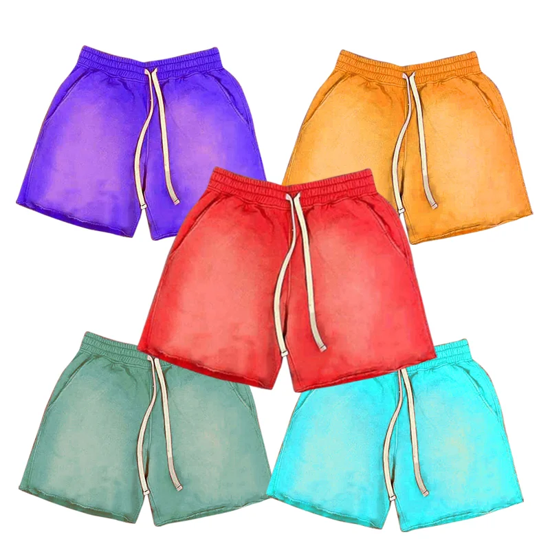 Custom Men Vintage Sun Dye Fade Sweat Cotton Shorts Cut Edge Men Summer Acid Wash Shorts