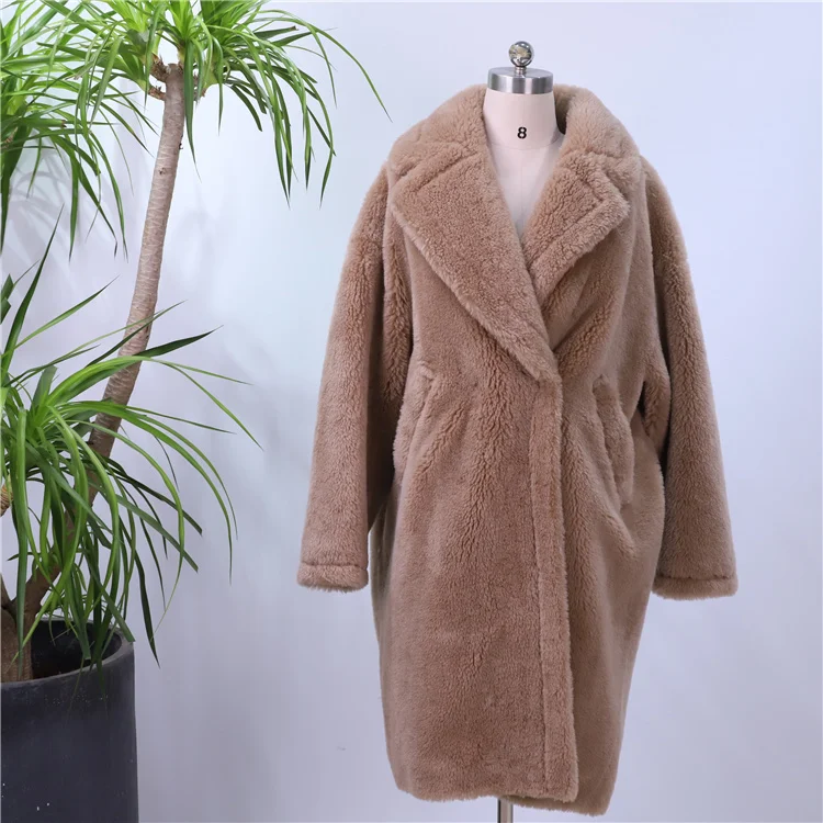 Wholesale New Design Winter Women 100% Wool Trench Coats Long Sleeve Lapel Faux Fur Long Coat