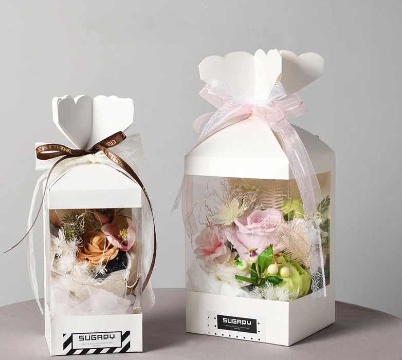 Handhold tall bouquet packaging box paper foldable fold candy shape flower rose bouquet packaging for A bunch of flower window